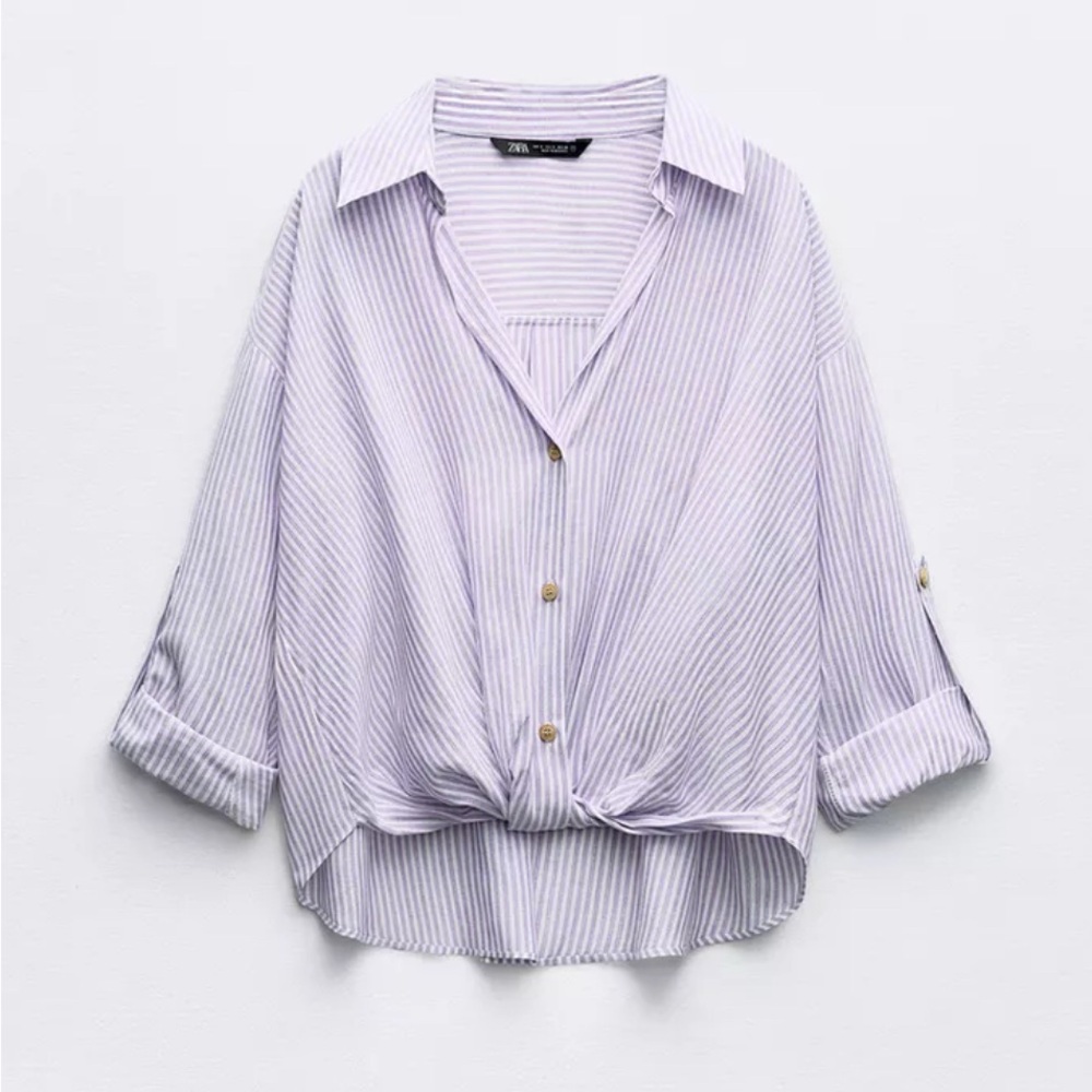 Zara Shirt Purple Striped Knot Blouse Lightweight Top NEW w Tags Size XL 12, 14